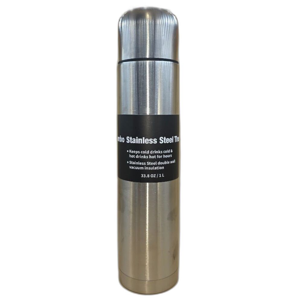 Stainless steel vacuum flask with a 33.8 fluid ounce (1 liter) capacity.